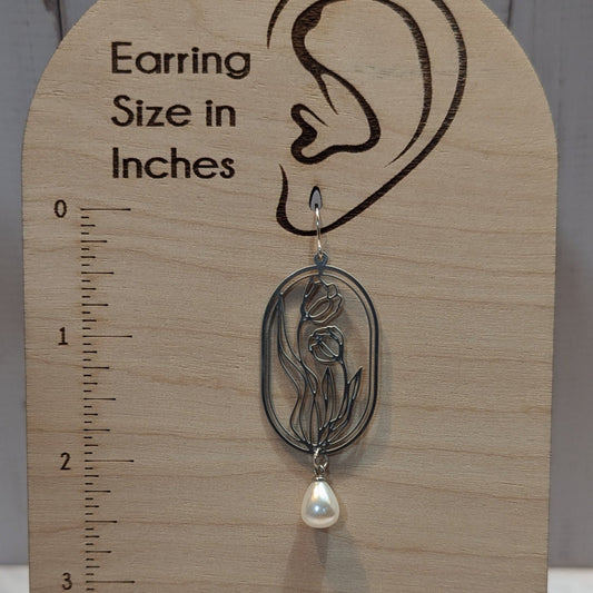 Silver Art Nouveau Floral & Pearl Drop Earrings