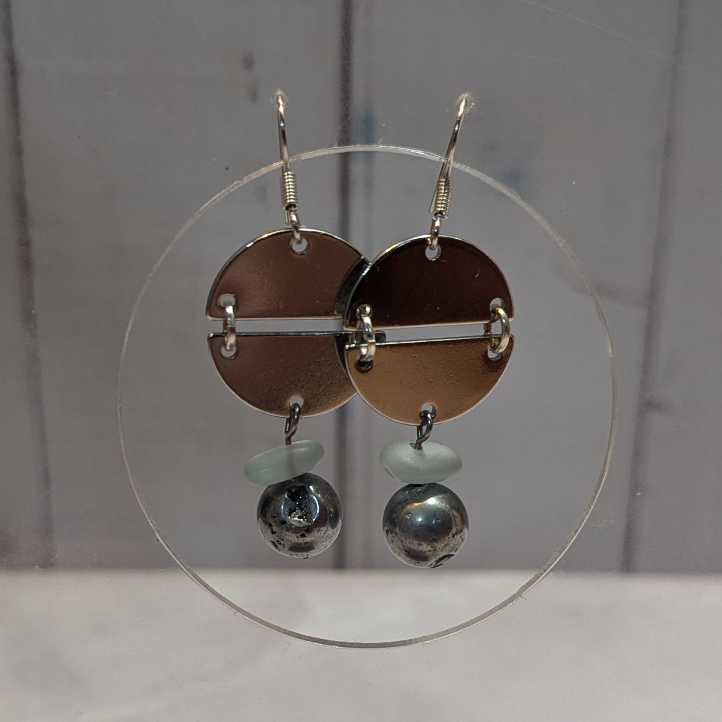 Silver Circle & Sea Glass Bead Drop Earrings