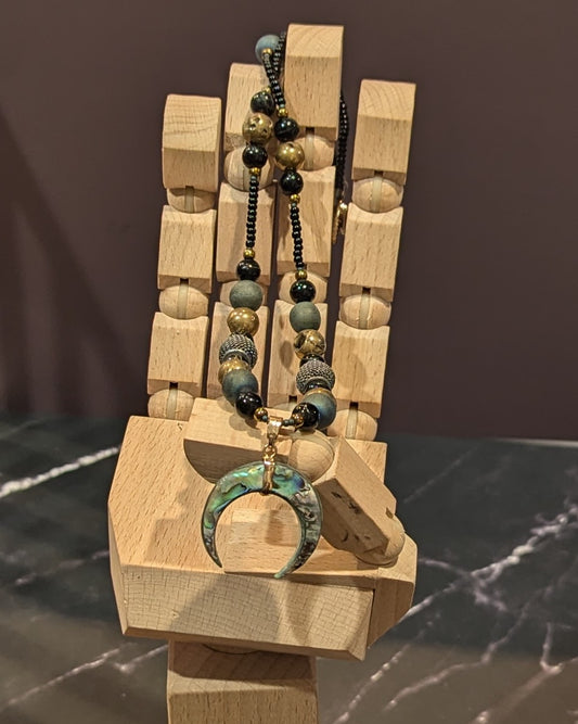 Iridescent Teal & Gold Crescent Moon Necklace