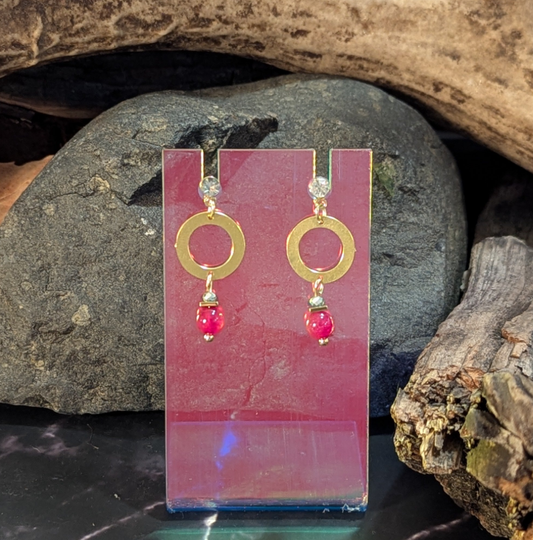 Metallic Hoop & Fuchsia Bead Drop Earrings