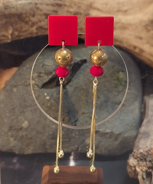 Red Cube & Chain Tassel Drop Earrings