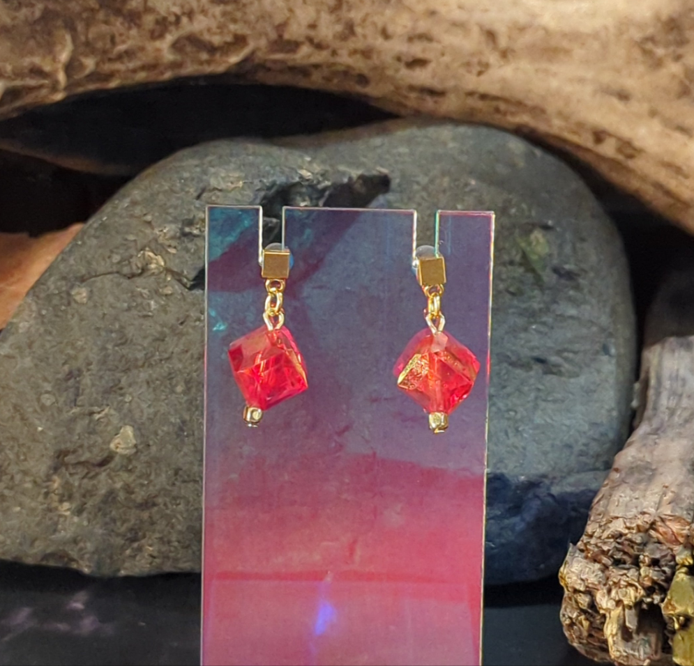 Ruby Red Faceted Cube Drop Earrings