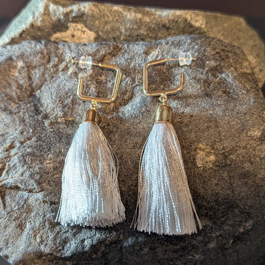 Gold Square Hoop & White Tassel Drop Earrings
