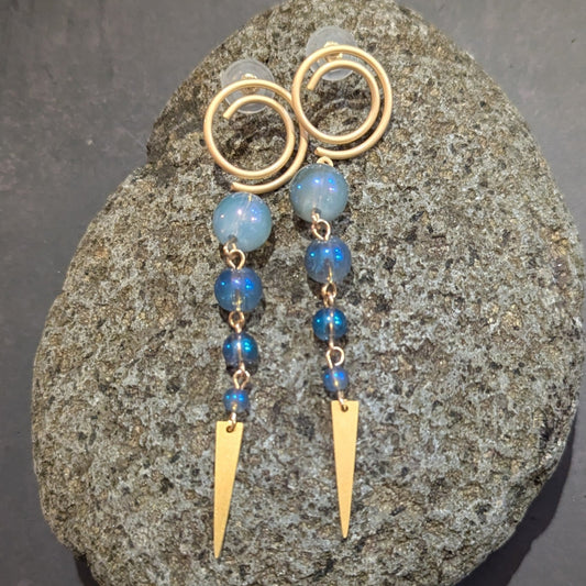 Gold Double Hoop & Blue Bead Spike Drop Earrings