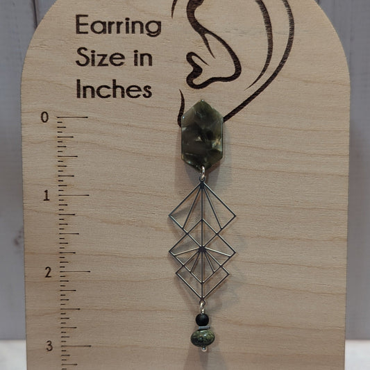 Smoky Geometric Diamond & Olive Bead Drop Earrings