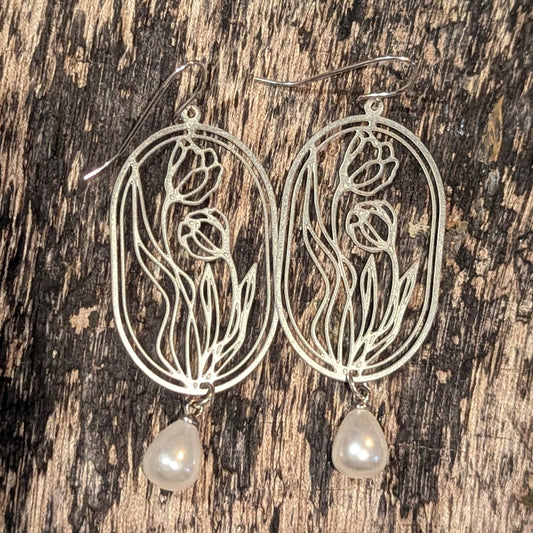 Silver Art Nouveau Floral & Pearl Drop Earrings