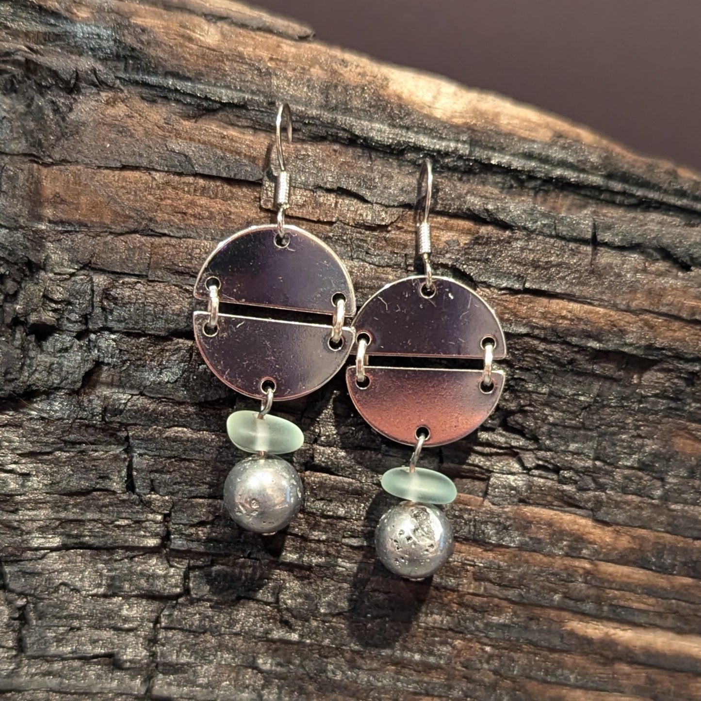 Silver Circle & Sea Glass Bead Drop Earrings