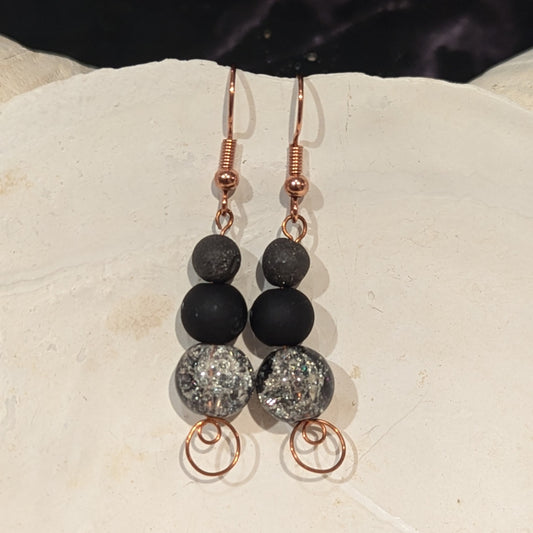 Textured Black & Crackled Bead Dangle Earrings
