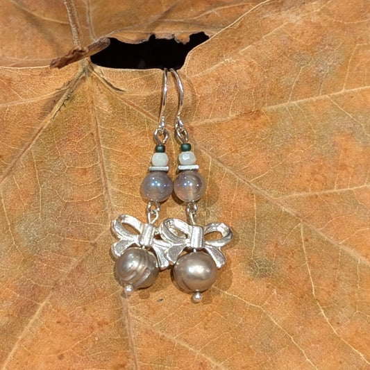 Silver Bow & Freshwater Pearl Drop Earrings