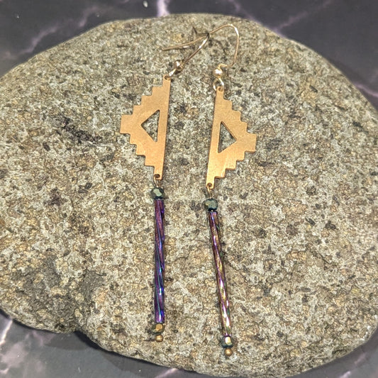 Geometric Brass & Iridescent Tube Dangle Earrings