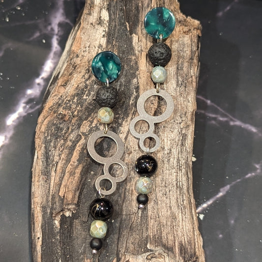 Green Acrylic & Triple Circle Bead Drop Earrings