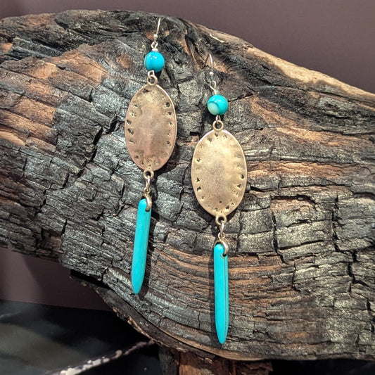 Turquoise & Hammered Silver Oval Spike Drop Earrings