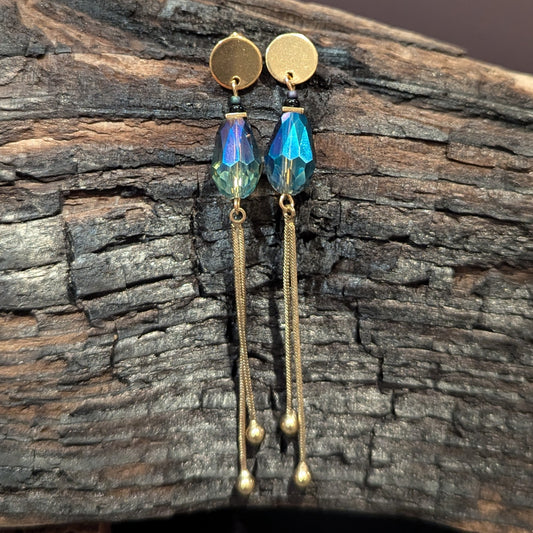 Iridescent Crystal & Brass Chain Tassel Earrings