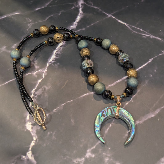 Iridescent Teal & Gold Crescent Moon Necklace