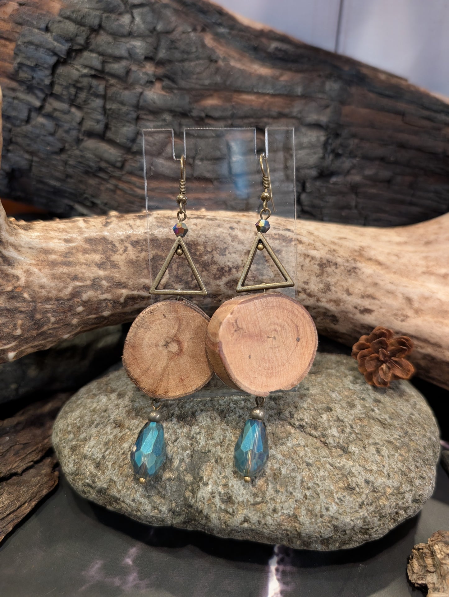 Brass Triangle & Wood Slice Drop Earrings