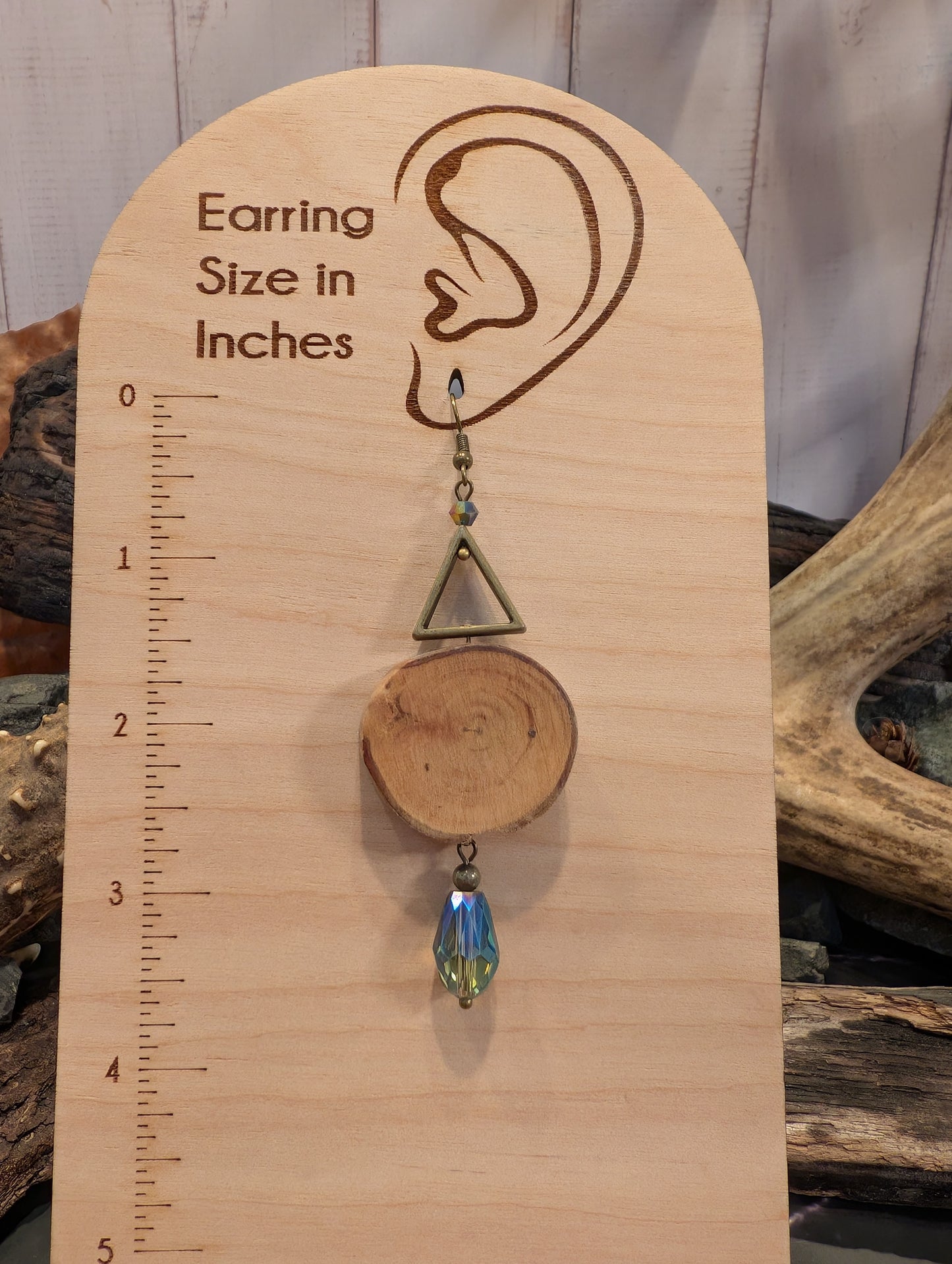 Brass Triangle & Wood Slice Drop Earrings