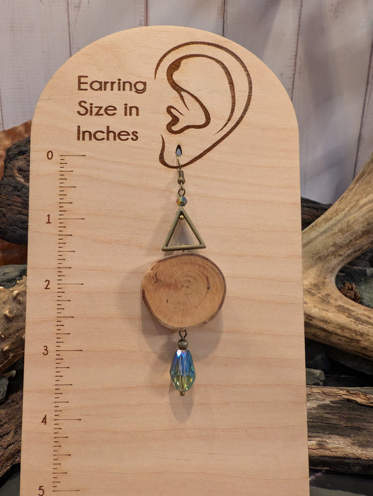 Brass Triangle & Wood Slice Drop Earrings