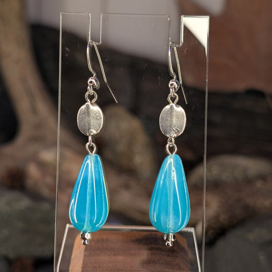 Pair of blue teardrop earrings on a clear stand with a natural background