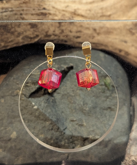 Ruby Red Faceted Cube Drop Earrings